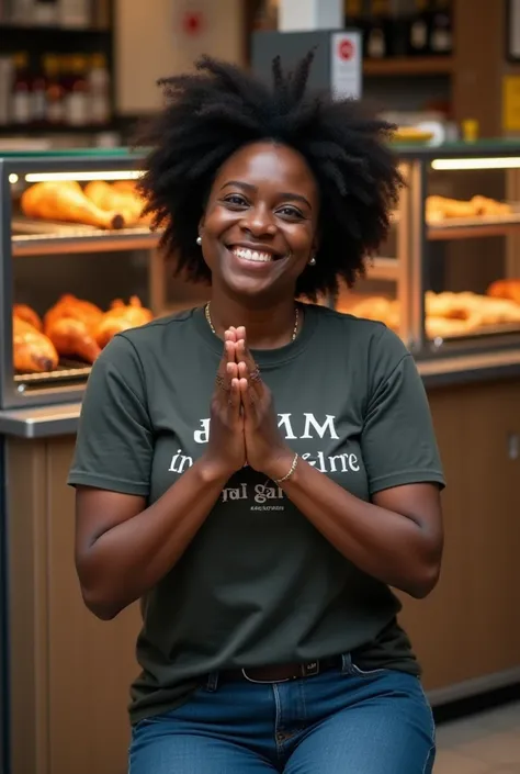 Black lady in her late 30s with t-shirt inscribed Aroksfarm, kneeling saying thank you with both palms together. Facing the camera in a store with grilled chickens