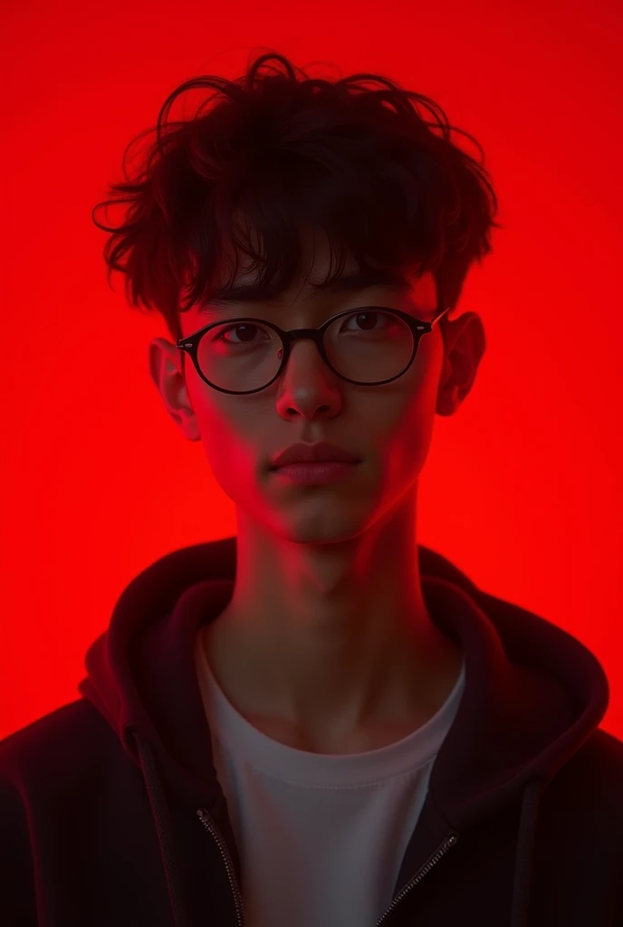 18 year old boy with fair skin wearing spectacles And narrow body Fore a linked in picture in red light background 