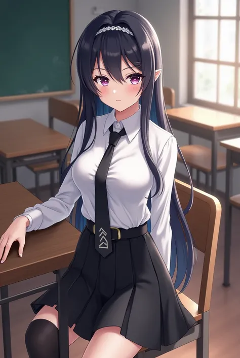 Shogun Raiden from Genshin in school uniform white shirt and black skirt sitting in the classroom