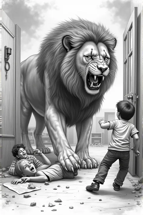 Lion inside a house fighting with a frightened man and family in pencil graphic style 
