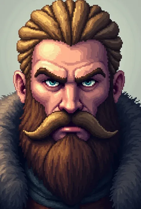 Generate a pixelart of the face of a Viking warrior with blond hair and dark brown beard