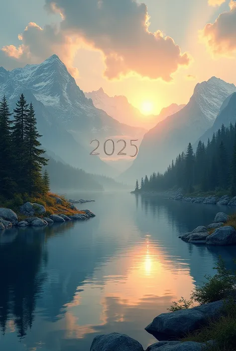 2025 sun rise with a beautiful scene of mountains and lake, happy new year 2025 written appropriately 