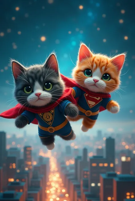 Create an image of 2 rag doll cats called Loki and Thor. Both are superhero cats. They are flying through a stary sky spotting crime that is happening down below on the streets