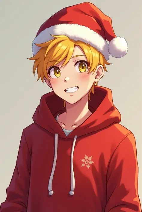 Yellow hair with santa hat and red hoddie  .man