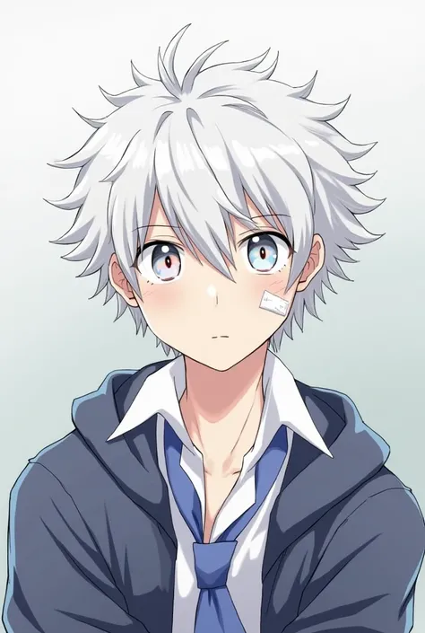 matsu (matsuyama) he has white hair, he has several blue France highlights, and several red France highlights, pale white pupils with blue France lines and red France lines, like marbles, It&#39;s cute, expressive and big eyes,  a white band-aid on the lef...