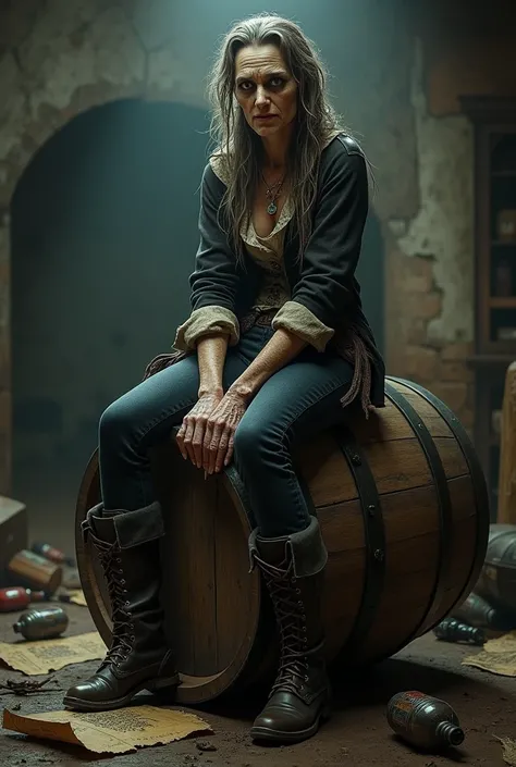 Une Femme moyenne vampire alcoolique de rhum qui est assise sur un tonneau de Rhum comme une pirate.