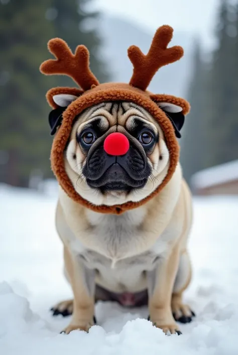 Real photo of a pug disguised as a reindeer