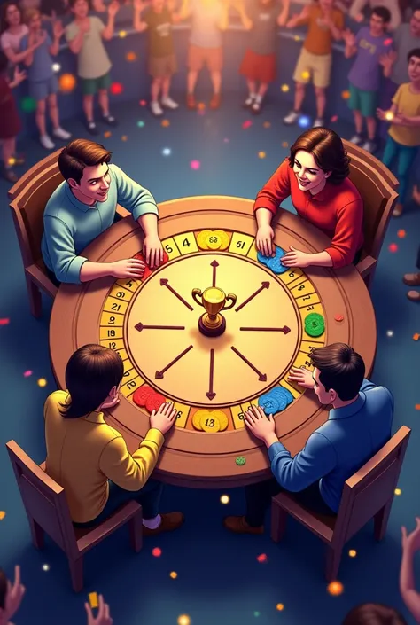 , a dynamic scene for a cartoon drawing that promotes an atmosphere A distinctive competitive and festive competition for the Jackaro Tournament, It shows four players sitting around a circular wooden table actively engaged in playing the game of Jackaro, ...