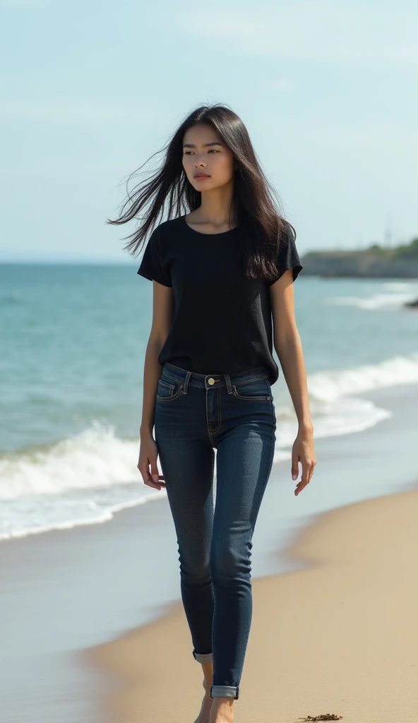 an adult woman who is not too fat, with long black hair, wearing a black t-shirt and dark blue jeans, is walking along the beach