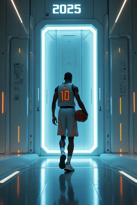 a basketball player entering a room named 2025 with a basketball with a door behind 