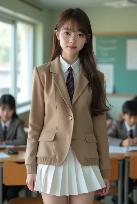 Masterpiece, top quality, 1 girl, cowboy shot, beautiful young Japanese girl, (8 head and body), 18 years old, daytime, (high school classroom: 1.2), girls uniform, blazer, cardigan, shirt, tie, (super short white micro mini skirt: 1.4), beautiful face, cu...