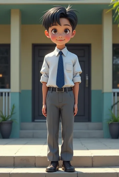 50year old young boy in indonesia full sleeve school uniform navy blue tie grey pant standing on school steps