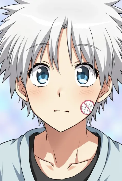 matsu (matsuyama) he has white hair,  has sky blue wicks France, Red wicks France , pale white pupils with blue France lines and red France lines, like marbles, It&#39;s cute, expressive and big eyes, a white band-aid on the left side of his jaw, Its cute ...