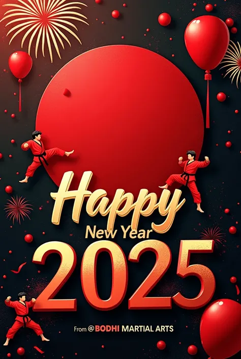 A vibrant and festive Happy New Year 2025 card featuring a bold red and black color scheme, evoking energy and dynamism, with a prominent circular space in the top left or right corner to accommodate a round logo for BODHI MARTIAL ARTS, with the logos desi...