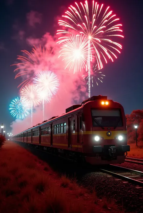 A train in selverster fireworks with four colorful racquets