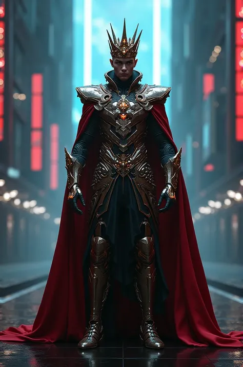 Futuristic man standing in kings clothing and crown