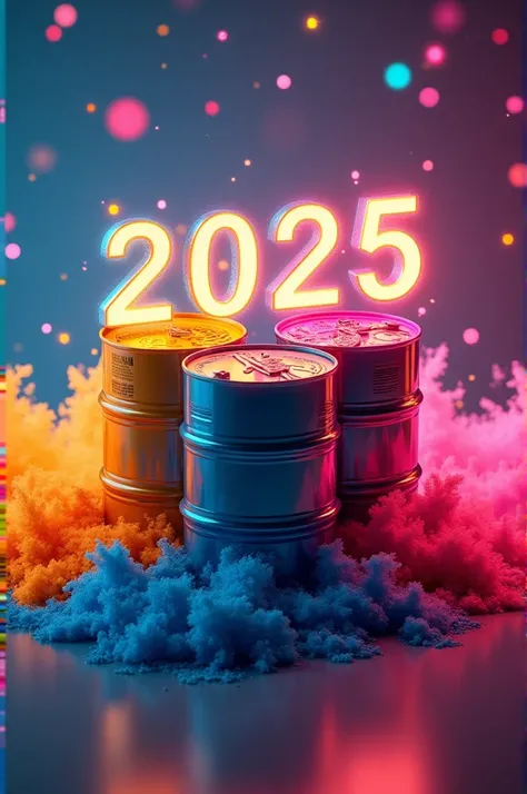 A congratulatory picture on the occasion of New Year 2025 in addition to the name of Purechem Chemical Trading and Manufacturing Company, in addition to chemical barrels and colored thermal inks 