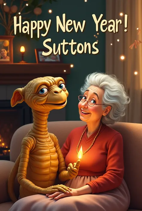 Make a happy new year card with the original ET alien wishing “Happy New Year Suttons” and also “sitting next to a grandma 