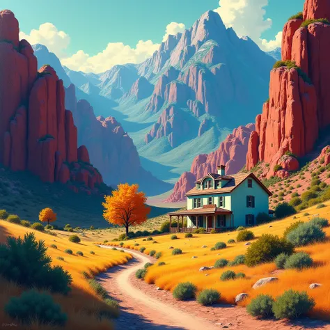 the surreal dreamscape where natures grandeur unfolds, envision a vintage canyon adorned with majestic mountains, their peaks reaching for the heavens. In the distance, a house bathed in daylight emerges, its silhouette a beacon of warmth against the shimm...