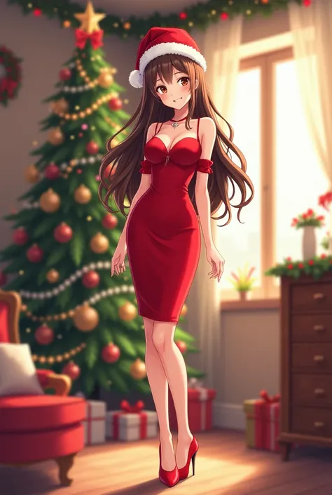 Young anime woman standing in a decorated room in a New year party, with long brunette hair and brown eyes, wearing red new years  pencil dress with neckline, wearing red shoes and christmas cap, looking with smile, a christmas tree standing nearby