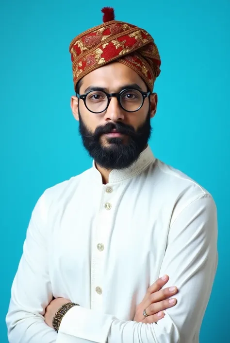 "A confident man with a well-groomed beard, wearing round glasses and a traditional embroidered cap featuring vibrant red, gold, and brown patterns, dressed in a crisp white kurta with a buttoned-up collar. He is posing against a bright blue background, ex...