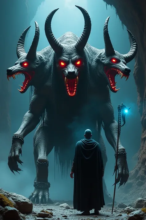 "Cerberus, the three-headed dog of the Greek underworld, massive and terrifying, with glowing red eyes, sharp fangs, and enormous claws. Each head snarls fiercely, with chains and skulls around its necks. Hades stands beside him, wearing a black robe and h...