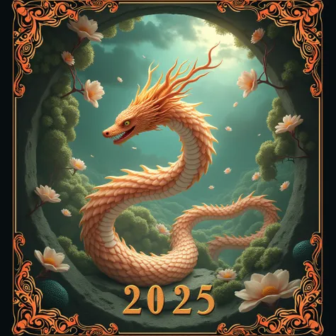  An image that describes the year 2025 the year of the wooden snake in an artistic way,  magic and aestheticc with a beautiful snake , money, love, sex and abundance  