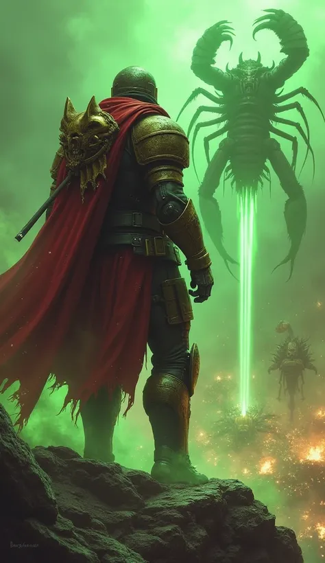 General Kael towers over his troops, his crimson armor marred by acid burns and streaked with green ichor. From the battlements, he surveys the battlefield, where scorpion-like monstrosities, their tails dripping with glowing acid, obliterate the defenses....