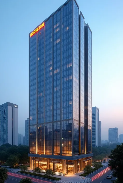  build me a hotel building named HORISON SULTAN KAYUAGUNG which is 12 floors high, exterior all of glass ,  and modern and metropolitan elements in the middle of the economic center  