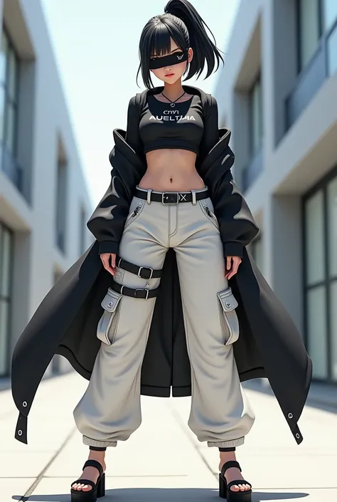 [anime 3D] A stylish young woman with a futuristic and modern aesthetic. She wears a black crop-top with the text CYNIX as a logo, paired with wide-leg white cargo pants featuring detailed pockets and a decorative belt. Over her outfit, a long black jacket...