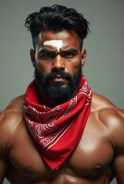 Indian men body builder red printed bandana neck style age 33 forehead applied white cream water 