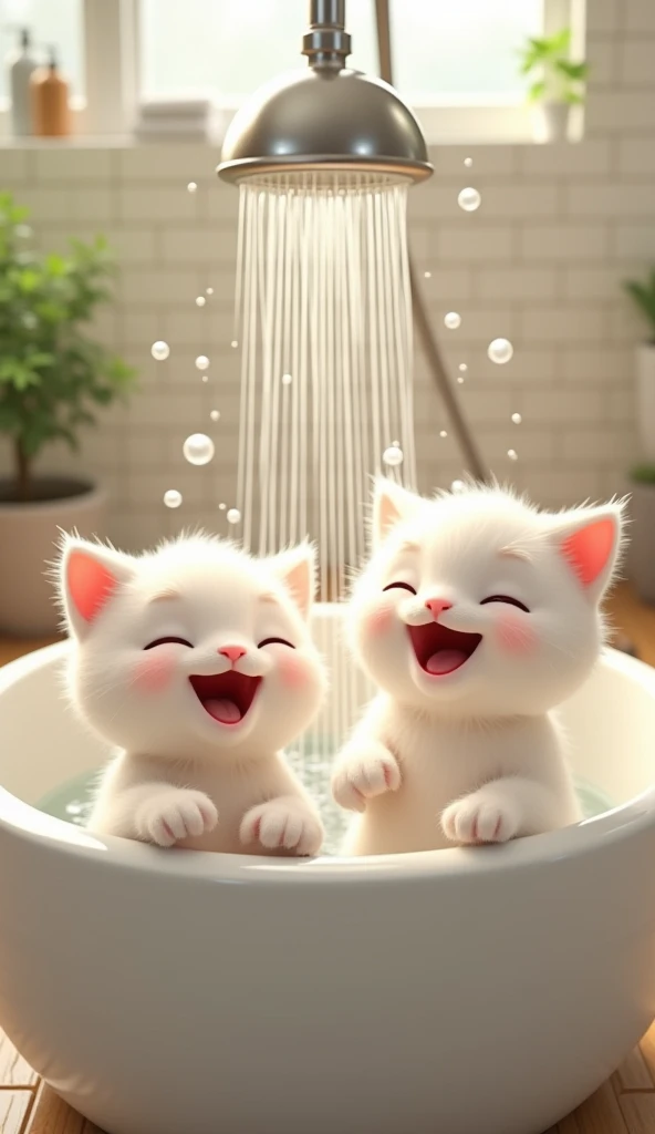 2 cute and happy white cats inside the bathtub under the shower taking a bath 