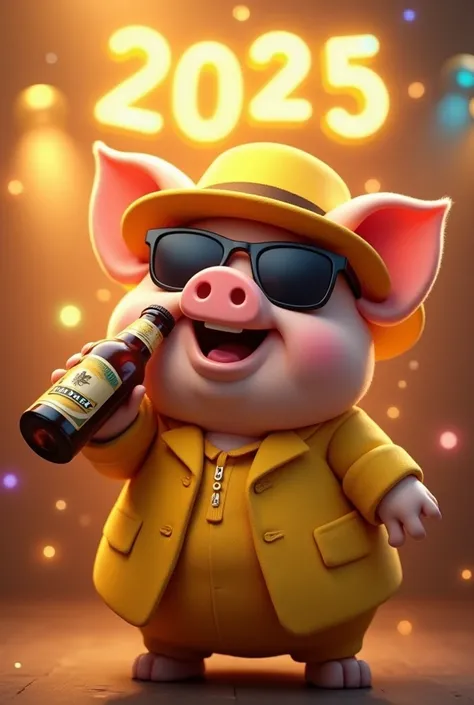 A beautiful little piggy wearing dark glasses ,  yellow hat in a yellow suit celebrating and drinking a bottle of beer alluding to the new year 2025