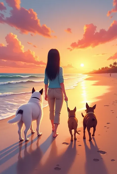 Description: Isabella,  a tall woman with straight black hair ,  walks with three dogs along the shore of a beach at sunset . Max,  a large white dog ,  It is to the left ; Coqui ,  a medium-sized, dark brown dog , It is in the center; and Nana ,  a small ...