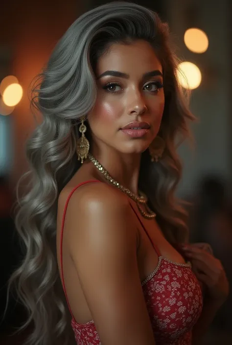 Sexy beautiful youthful looking Filipino version of Ariana Grande as a 50 years old woman with her completely gray hair in a sexy hairstyle