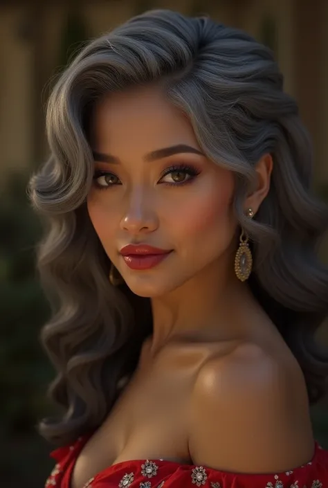 Sexy beautiful youthful looking Filipino version of Ariana Grande as a 50 years old woman with her completely gray hair in a sexy hairstyle