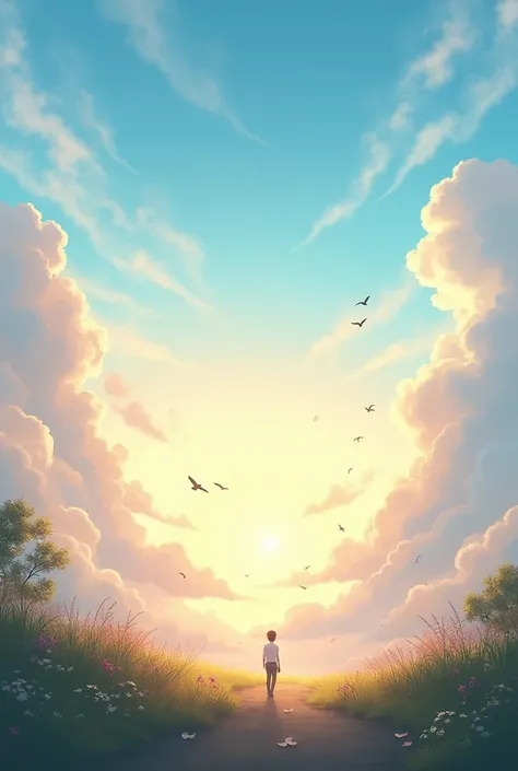 Visual: A serene outdoor setting, possibly at sunrise or sunset, with a beautiful sky, birds flying in the distance, and a peaceful atmosphere symbolizing a fresh start.