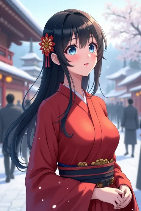 It depicts a beautiful Japanese woman in a saree、shiny skin, large breasts:0.5, looking up, watching the view, beautiful hair, beautiful face, beautiful detailed eyes, (middle hair:1.5, japanese hair:1.5), black hair, blue eyes, (((red beautiful saree), ha...