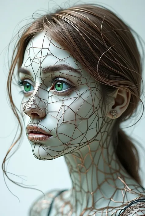 High quality, 8K Ultra HD, Only thin metal wire. Sculpture only from pieces of thin metal wire. There is emptiness inside the sculpture. The frame is a sculpture of an 18 year old girl made of thin wire. There is no skin. Instead of skin, there is very thi...