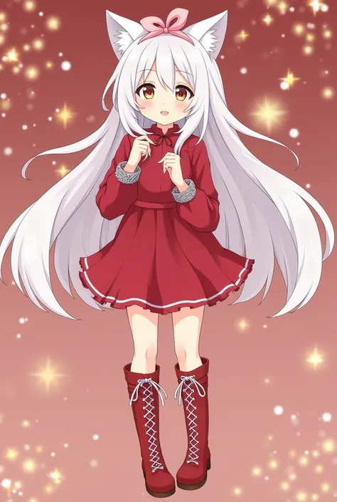 2d rendering of a anime girl with long white hair and two small cat ears on top of its head. the she is wearing a red outfit with a red skirt and red boots. the outfit has a high neckline and long sleeves, and the boots have a lace-up design on the sides. ...