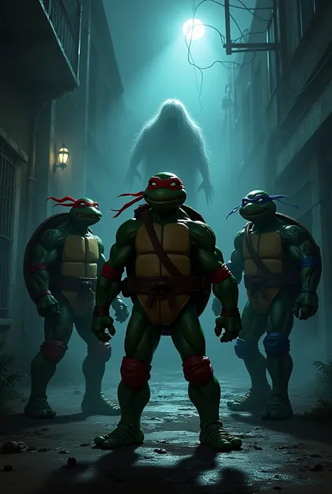 I want you to play ninja turtles staring at characters from an American horror movie 