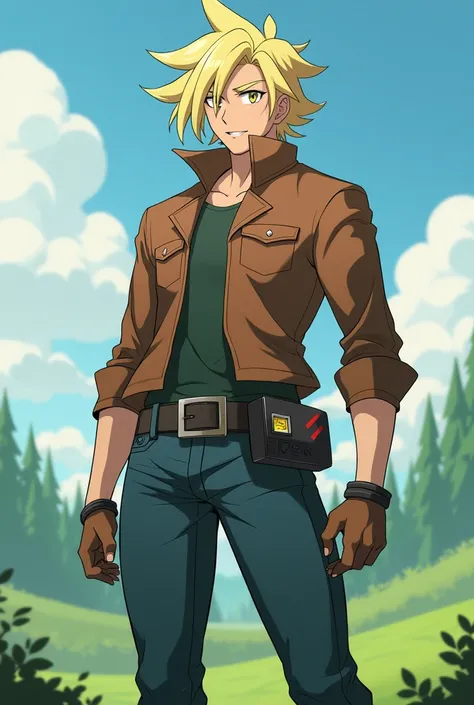  Blond male character with straight hair and light eyes and an arrogant and defiant face, Pokémon photographer and trainer
Full body image