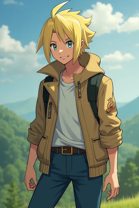  Blond male character with straight hair and light eyes and an arrogant and defiant face, Pokémon photographer and trainer
Full body image