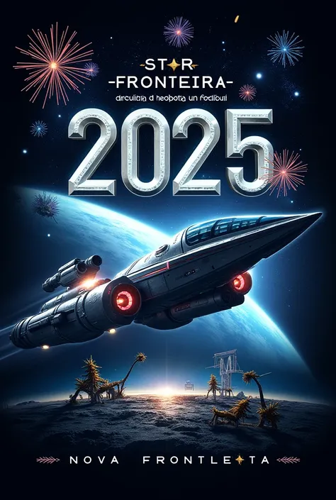 A futuristic and festive New Years card dedicated to Nova Fronteira, a group of Star Citizen players, celebrating the arrival of 2025. The design features elements inspired by the game, such as a sleek spaceship flying through a starry galaxy, a planetary ...