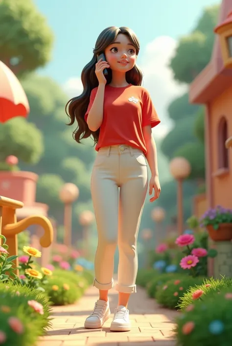 Girl slwar kmise me long bal a 3D image in which a 20 years old cute girl is standing in a garden and his background should be a cartoon type background and the boy is talking on the phone. she should have his phone on his ear. looking in camera, wearing r...