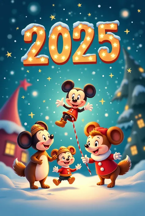 Create a greeting card from nadanflix  Happy new year 2025   in   Disney Style 