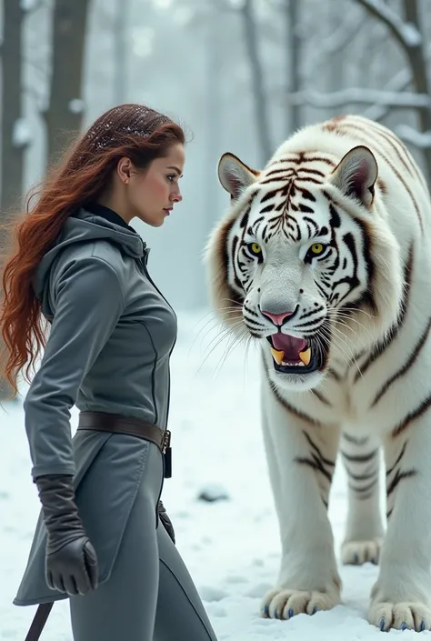 Woman with dark red hair, green eyes with yellow, wearing gray fighting gear, in a snowy white forest, facing a white tiger

