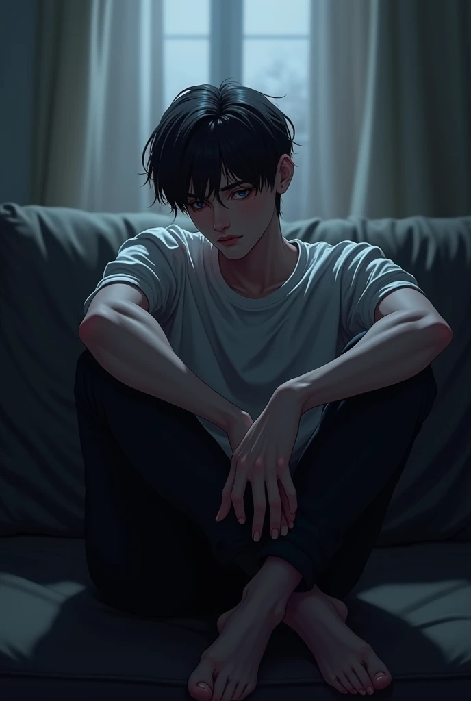  old anime handsome boy with sharp features but sad looking sitting on a couch in a low pose as he is a model and lights surround him, digital drawing style