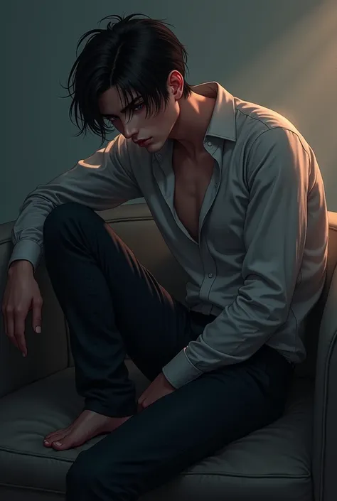  old anime handsome boy with sharp features but sad looking sitting on a couch in a low pose as he is a model and lights surround him, digital drawing style