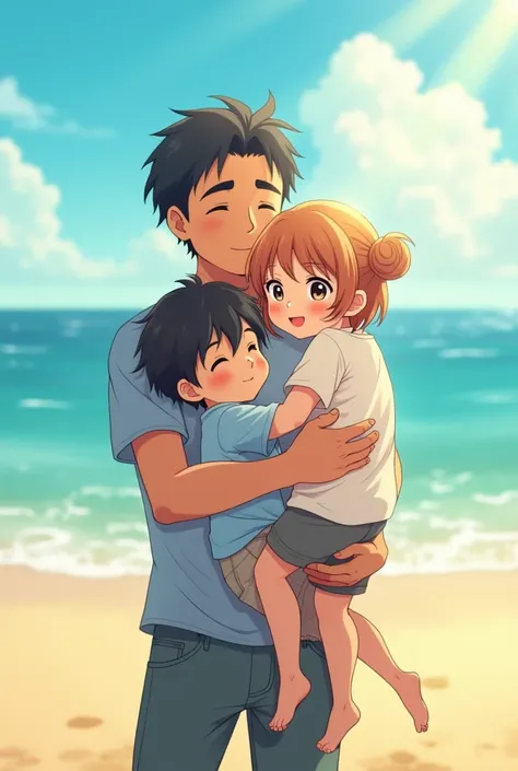 anime. A father hugging  daughter and  boy beach background